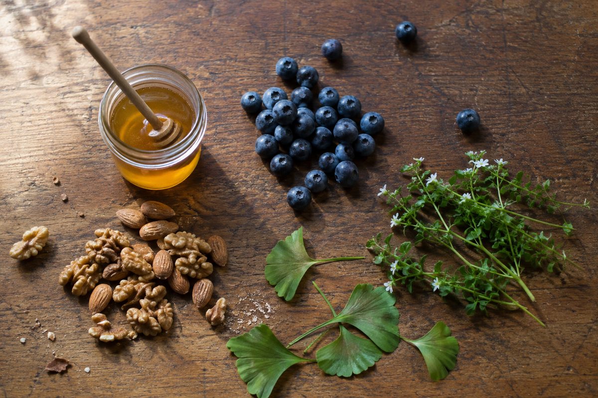 Walnuts, blueberries, honey and fresh herbs on a wooden board