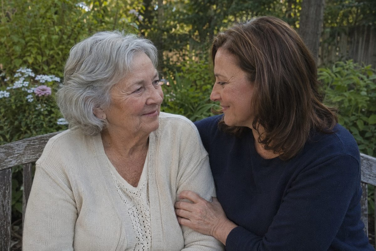 Two women talking on a porch