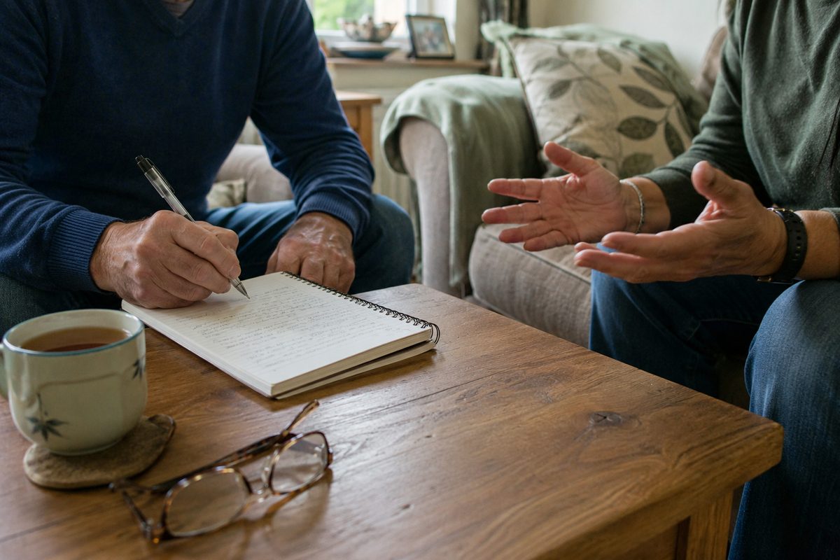 Two people talking across a kitchen table with notebooks and coffee