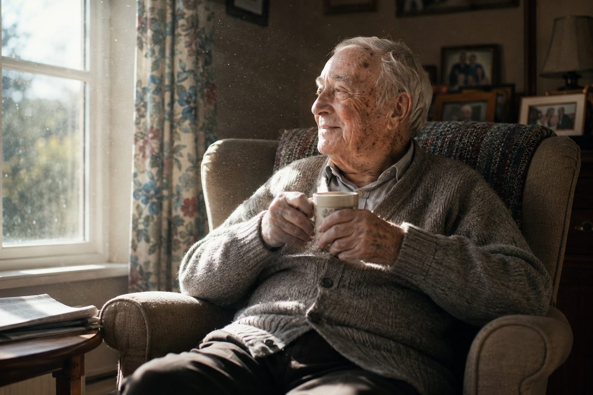 An older man sitting by a window with a cup of tea
