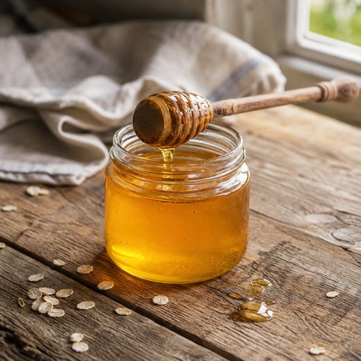 A jar of honey with a wooden dipper