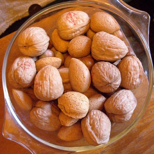 Walnuts and Brazil nuts in a glass bowl